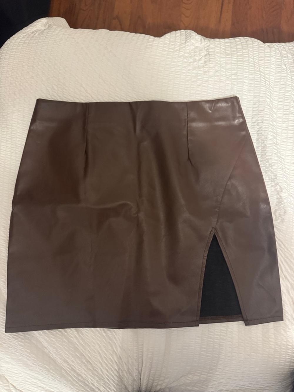 Lulu's Chocolate Brown Faux Leather Mini Skirt with Side Slit